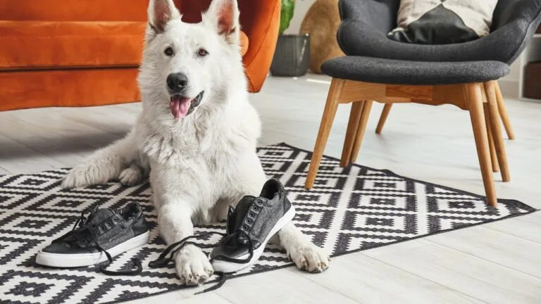 Berger blanc qui mange des souliers